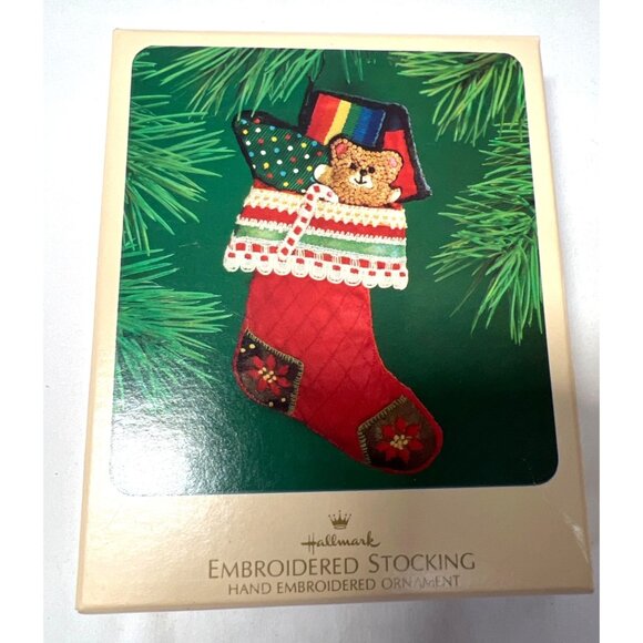 Handmade Hallmark Embroidered Christmas Stocking Ornament With Bear & Candy Cane - Picture 4 of 4